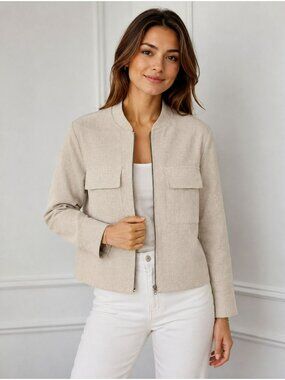 Banana Republic Womens Beige Cotton Linen Jacket XL With Zip Front & Pockets